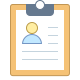 An icon of a clipboard with a piece of paper attached. The paper displays a simplified image of a person, accompanied by lines of text indicating information, suggesting a document, profile, or resume.