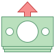 A stack of green paper currency with a red upward arrow above it, symbolizing a financial increase or growth. The money is depicted with two small circles and one large circle in the center, resembling a banknote design. The arrow points upward.