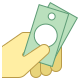 A simple graphic of a hand holding two green banknotes. The hand is light yellow, and the banknotes are pale green with a white circle and smaller white dots on one side, suggesting money or a financial transaction. The background is transparent.