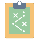 An icon of a clipboard with a green sheet of paper displaying a strategy plan. The plan includes various X's and O's connected by lines and arrows, typically representing a sports or business tactic.