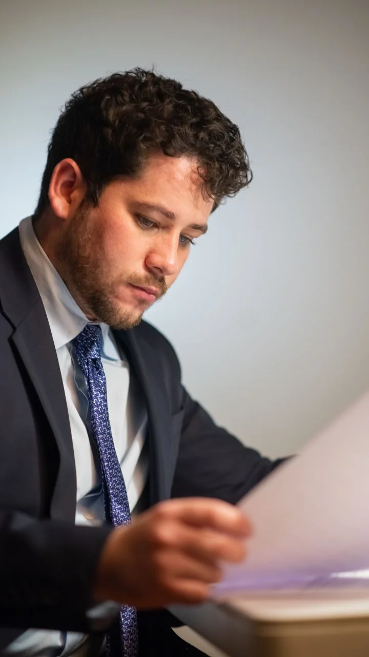 A man with curly brown hair and a beard, wearing a dark suit and a blue tie, is seated at a table, looking intently at a document he is holding. The background is neutral, and the lighting focuses on the man and the document.