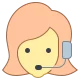 A cartoon illustration of a person with light orange hair wearing a headset with a microphone, typically associated with customer support or call center representatives. The background is a simple, solid color.