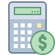 An icon of a gray calculator with a green screen and various white buttons. A green circle with a white dollar sign inside is positioned at the lower right corner of the calculator, suggesting a financial or budgeting theme.